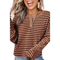 Brown Stripe Textured Frilly Trim Buttons Henley Long Sleeve Top - L thumbnail