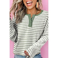 Green Stripe Textured Frilly Trim Buttons Henley Long Sleeve Top - L thumbnail