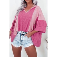 Bright Pink Textured Colorblock 3/4 Sleeve Oversize Top - L thumbnail