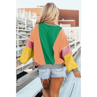 Dark Green Colorblock Patchwork Exposed Stitching Oversize Top - L thumbnail