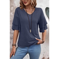 Sail Blue Solid Colour V-Neck Double Layer Sleeve Loose T-Shirt - L thumbnail