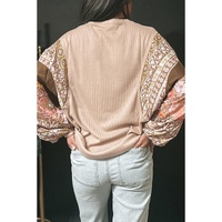 Parchment Contrast Floral Patchwork Puff Sleeve Waffle Knit Top - L thumbnail