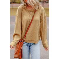 Camel Textured Knit Half Button Drop Shoulder Oversized Top - L thumbnail