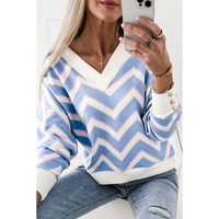 Sky Blue Zigzag Striped Print V Neck Oversized Top - L thumbnail