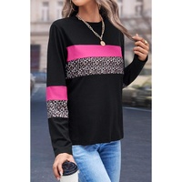 Rose Leopard Colorblock Patchwork Crew Neck Long Sleeve Tee - L thumbnail
