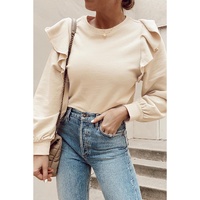 Jet Stream Solid Color Ruffled Shoulder Long Sleeve Blouse - L thumbnail