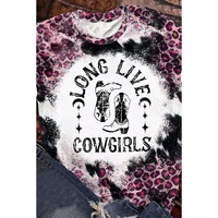 Pink Cowgirls Boots Leopard Bleached Crew Neck T Shirt - S thumbnail