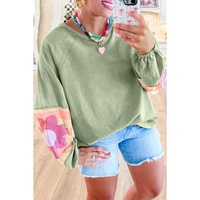 Smoke Green Flower Patchwork Raglan Sleeve Exposed Seam Oversized Top - L thumbnail