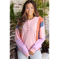 Pink Colorblock Long Sleeve Buttons Henley Top - L thumbnail