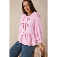Pink Stripe Bowknot Front Crew Neck Puff Sleeve Blouse - L thumbnail