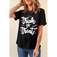 Black Trick Or Treat Bat Print Crew Neck Halloween T Shirt - 2XL thumbnail