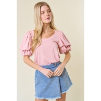 Light Pink Scoop Neck Bubble Sleeve Tee - L thumbnail