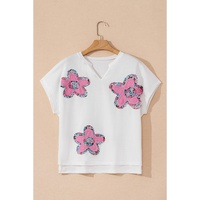 White Floral Applique Notched V Neck Dolman Sleeve Top - M thumbnail