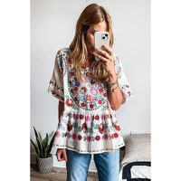 White Boho Floral Print Round Neck Ruffle Trim Blouse - S thumbnail