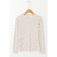 Khaki Checkered Pattern Mesh Mock Neck Long Sleeve Top - L thumbnail