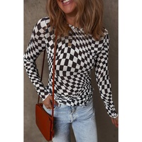 Black Checkered Pattern Mesh Mock Neck Long Sleeve Top - L thumbnail