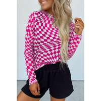 Rose Checkered Pattern Mesh Mock Neck Long Sleeve Top - L thumbnail