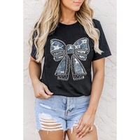 Black Rhinestone Bowknot Graphic Crewneck T Shirt - M thumbnail