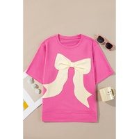 Strawberry Pink Contrasting Color Ribbon Bow Front Patch Loose Tee with Slits - L thumbnail