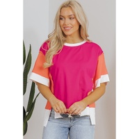 Rose Red Color Block Patchwork Side Slits Loose Fit T Shirt - XL thumbnail