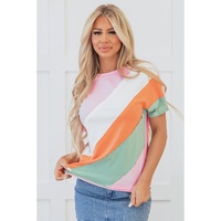 Pink Color Block Patchwork Seamed Crewneck T Shirt - S thumbnail