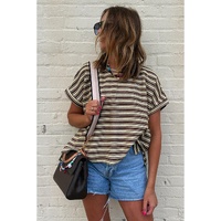 Brown Stripe Textured Side Slits Crew Neck T Shirt - L thumbnail