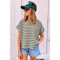 Green Stripe Textured Side Slits Crew Neck T Shirt - L thumbnail