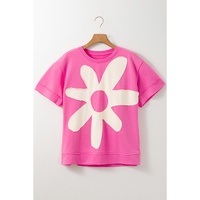 Sachet Pink Contrast Flower Drop Shoulder Loose T Shirt - L thumbnail