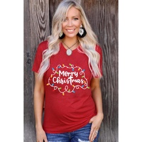 Red Merry Christmas Lights Print Crew Neck T Shirt - L thumbnail