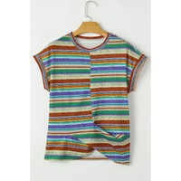 Multicolour Striped Pattern Twist Hem Short Sleeve Top - S thumbnail