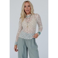 White Sheer Floral Lace Long Sleeve Slim Fit Top - L thumbnail