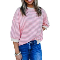 Pink Striped 3/4 Sleeve Drop Shoulder Top - L thumbnail