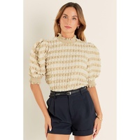 Beige Textured Mock Neck Short Sleeve Blouse - M thumbnail