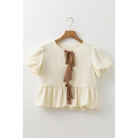 White Textured Bow Ties Front Bubble Hem Puff Short Sleeve Blouse - L thumbnail