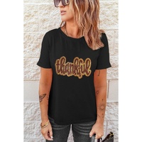Black Sequined Thankful Round Neck Graphic Tee - L thumbnail