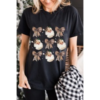 Black Santa Claus Leopard Bow Print Crew Neck Casual T Shirt - S thumbnail