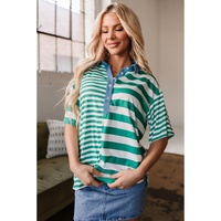 Green Stripe Colorblock Collar Half Buttons T Shirt - L thumbnail