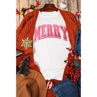 White MERRY Letter Christmas Crew Neck Short Sleeve Top - XL thumbnail
