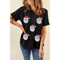 Black Sequin Christmas Claus Pattern Crewneck T Shirt - S thumbnail