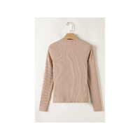 Straw Yellow Ribbed Knit V Neck Long Sleeve Slim Fit Top - M thumbnail