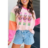 Pink Christmas Sequin Nutcracker Graphic Colorblock Long Sleeve Top - L thumbnail