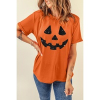 Orange Glittering Pumpkin Face Graphic Crewneck T Shirt - S thumbnail