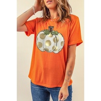 Orange Thanksgiving Pumpkin Pattern Crew Neck Short Sleeve Top - S thumbnail
