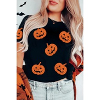 Black Glittering Pumpkin Face Graphic Crewneck Halloween T Shirt - S thumbnail