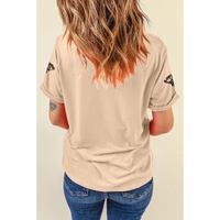 Khaki Sequined Turkey Patched Pattern Crewneck Thanksgiving T Shirt - 3XL thumbnail
