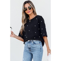 Black Pearl Beaded  Drop Shoulder Crewneck T Shirt - S thumbnail