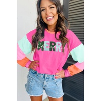 Azura Exchange Rose Red Chenille MERRY Christmas Patched Colorblock Long Sleeve Top - XL thumbnail