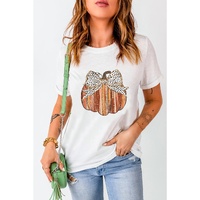 White Thanksgiving Bow Knot Pumpkin Print Round Neck T Shirt - M thumbnail