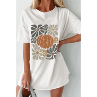 White Thanksgiving Pumpkin Print Loose Crewneck Tunic T Shirt - M thumbnail