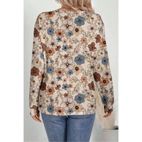Khaki Floral Print Loose Crew Neck Long Sleeve T Shirt - L thumbnail